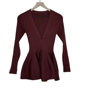 MICAS Maroon Ribbed Long Sleeve Peplum Hem Button Front Sweater Top Size Small